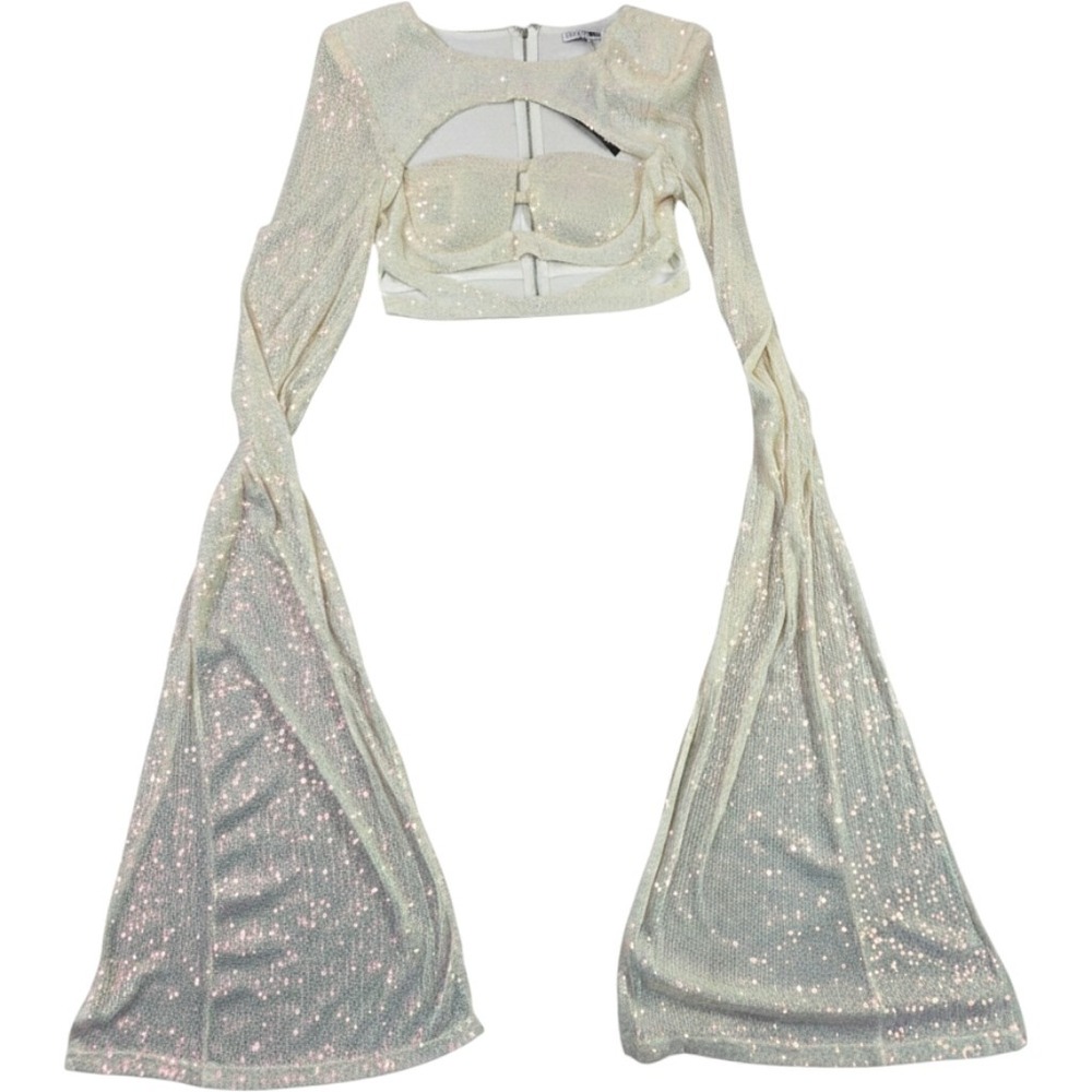 Fashion Nova That Glimmer Glow Sequin Crop Top White Pink Cutout Bell Sleeve M
